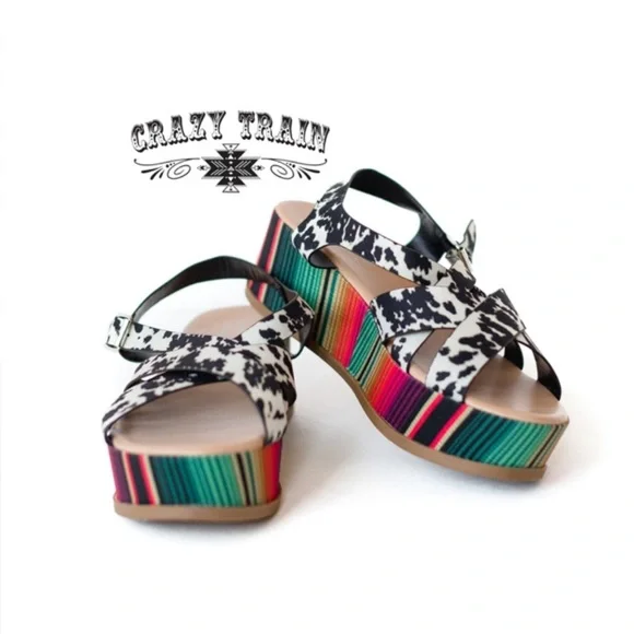 {NEW} Crazy Train Cow Print Serape Wedge Sandals